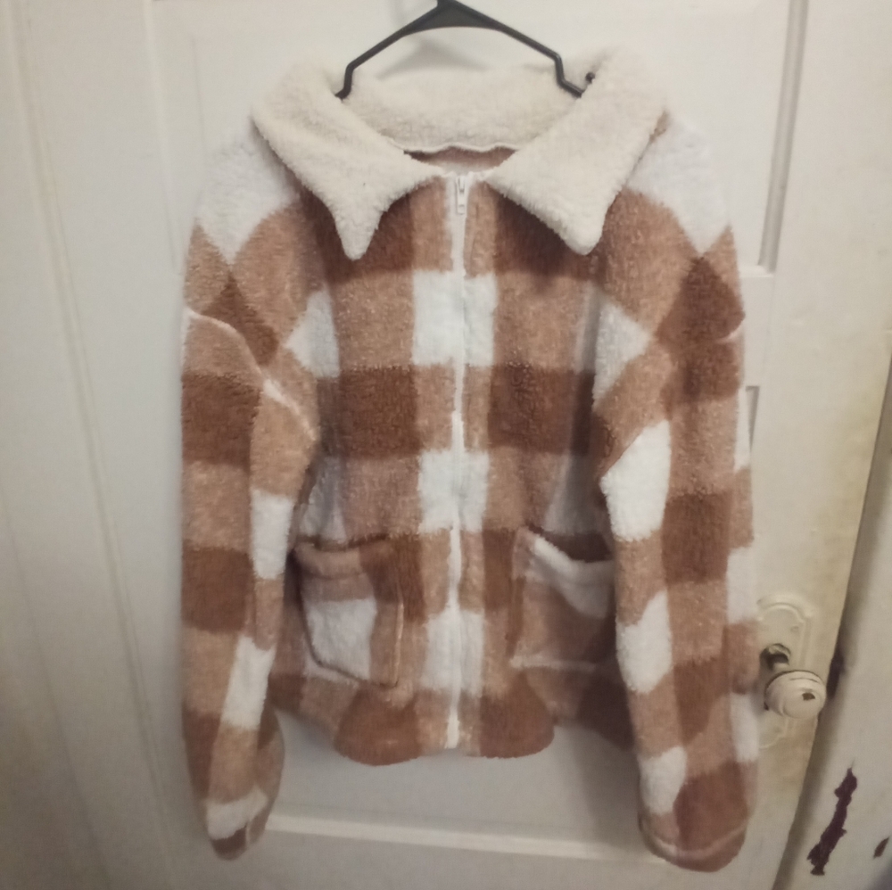 SHEIN Brown and White Checkered Fleece Jacket